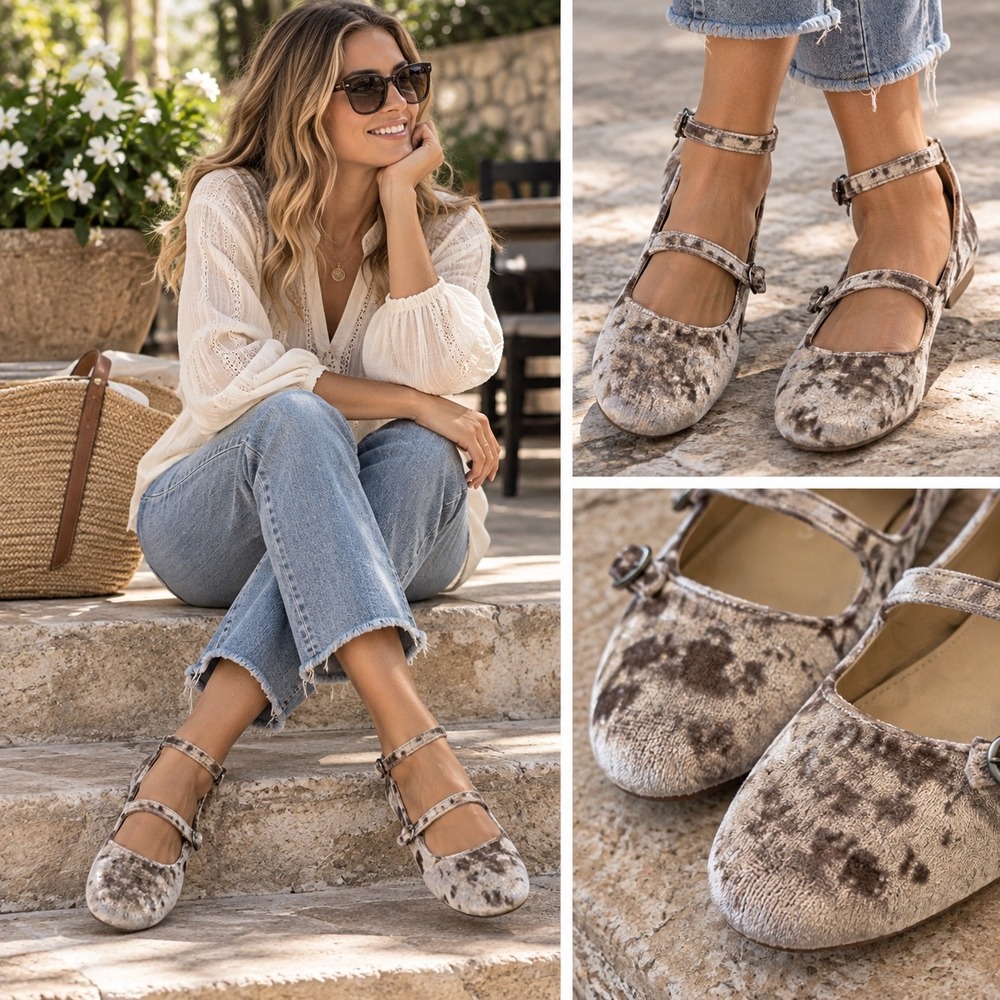 Very Volatile Lumina Crushed Velvet Mary Jane Flats Grey Silver Triple Strap 8M